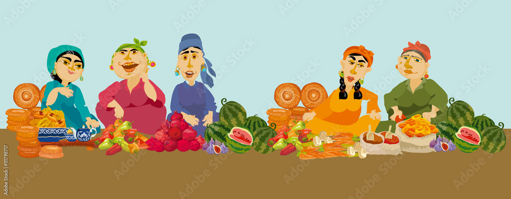 Fototapeta premium caricature woman sellers in food market, vector illustration