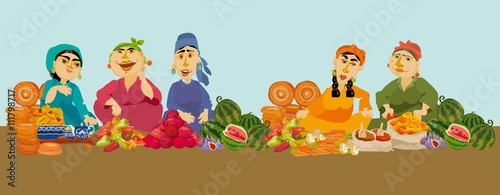 caricature woman sellers in food market, vector illustration