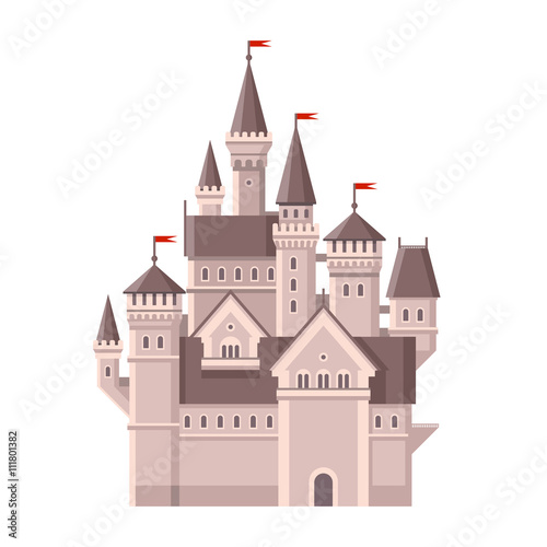Castle. Magic Fairy Tale Building with Red Flags. Vector