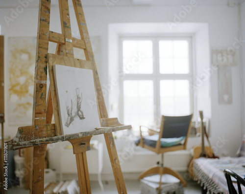An easel in a studio.