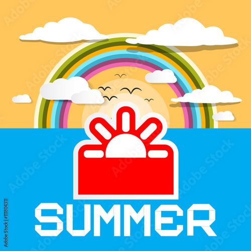 Summer Retro Card. Vector Summer Ocean Illustration with Paper Cut Sun and Rainbow with Clouds on Sky.