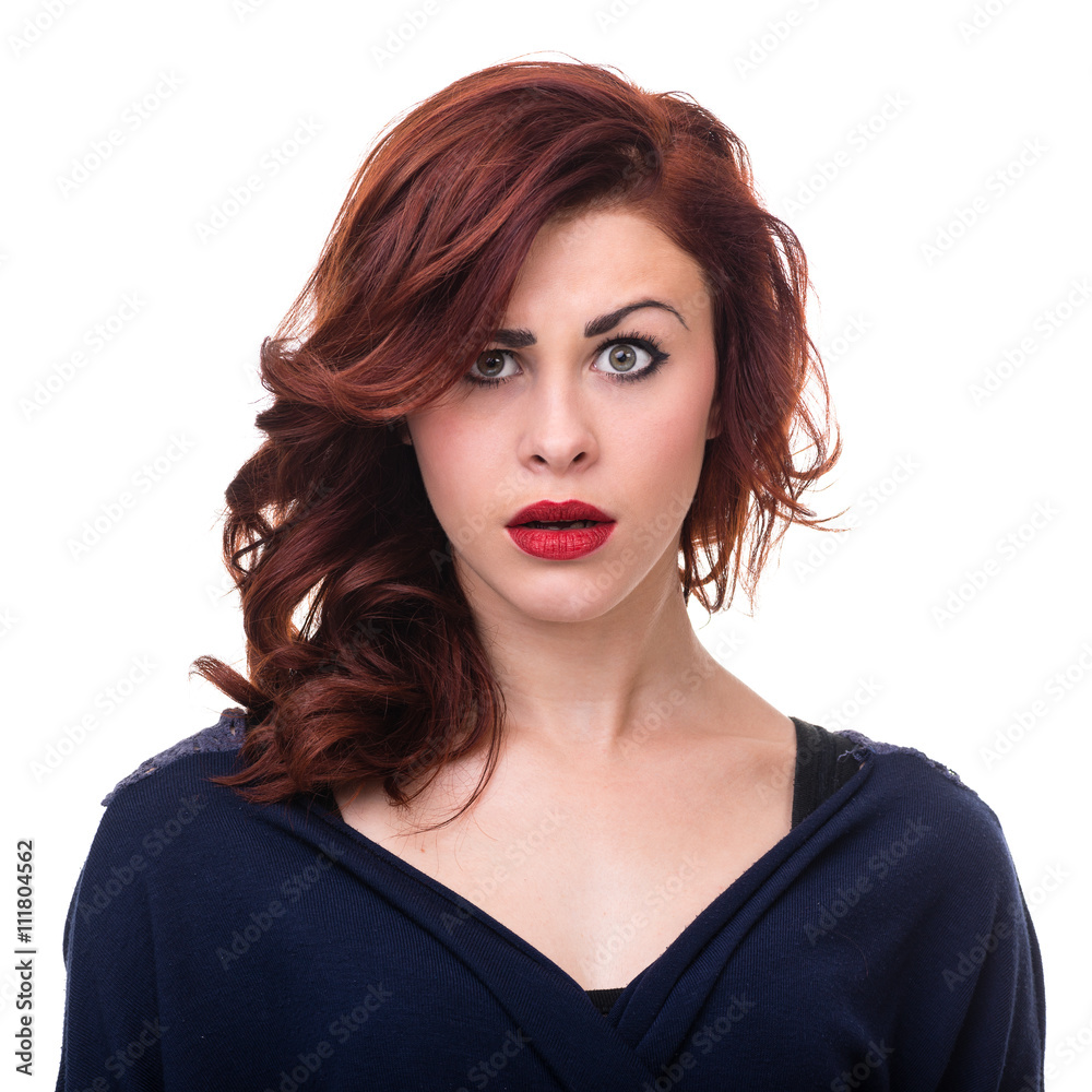 Closeup portrait of surprised young lady isolated on white Closeup portrait of surprised young lady isolated on white