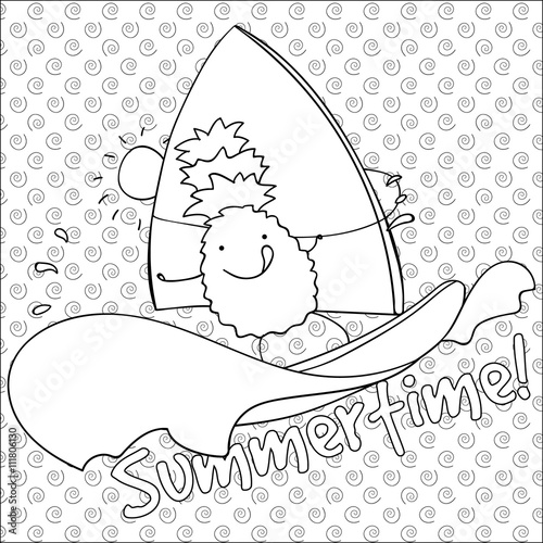 Pineapple windsurfing summertime coloring book page vector illustration.