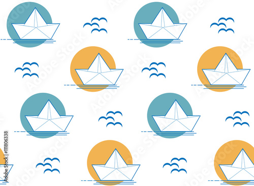 Origami paper boats or ships pattern. Sea theme. Seamless background.