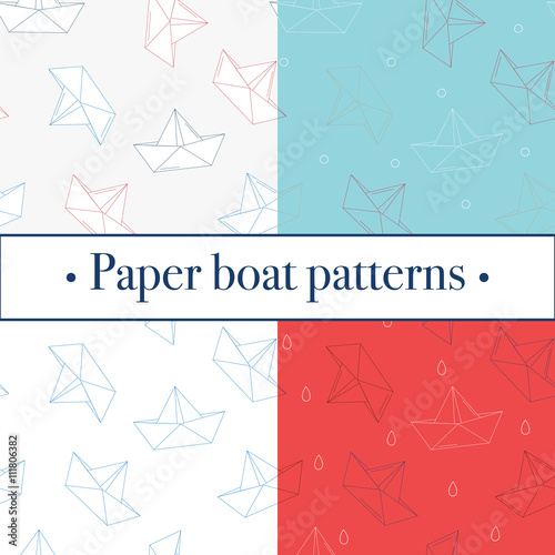 Set of four origami paper boats or ships patterns. Sea theme. Nautical motifs.