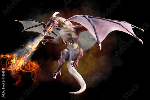 Fantasy scene of a red dragon blowing fire on a gradient smoke black background. 3d rendering