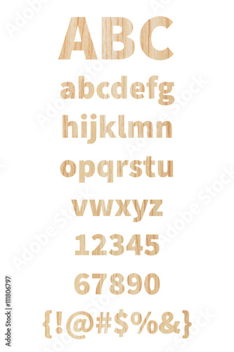 Canvastavla alphabet and punctuation with wood texture on white background.