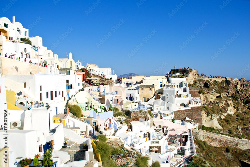 Vew of the island of Santorini with buildings and costs