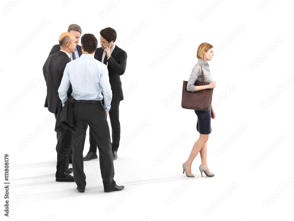 Image of a group of businessmen standing with a businesswoman walking in front. Leading the way, diversity or harassment concept. Photo realistic 3d rendering Image of a group of businessmen standing with a businesswoman walking in front. Leading the way, diversity or harassment concept. Photo realistic 3d rendering