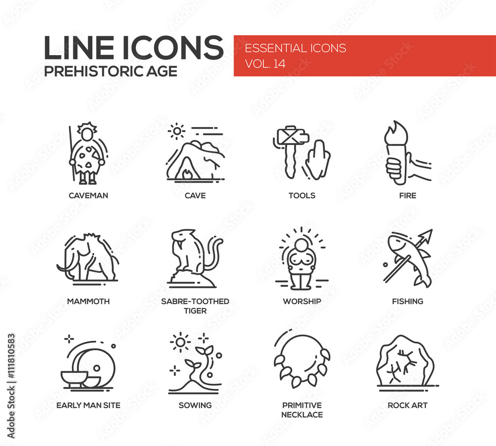 Prehistoric age- line design icons set Prehistoric age- line design icons set
