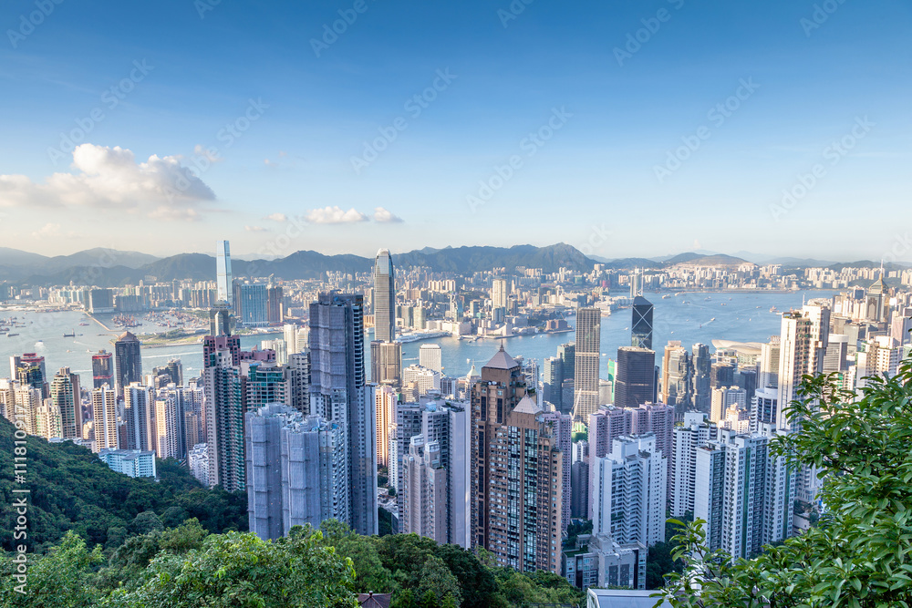 Fototapeta premium Aerial View of Victoria Harbor in Hong Kong