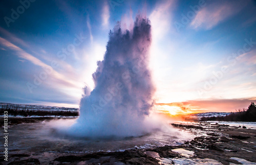 Canvas Print Eruption of Geyser in Iceland. Splash