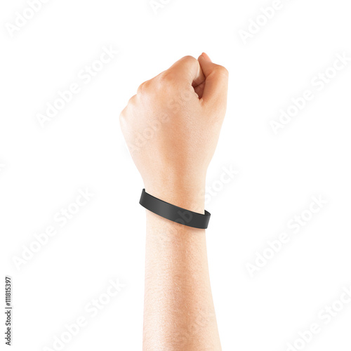 Blank black rubber wristband mockup on hand, isolated photo