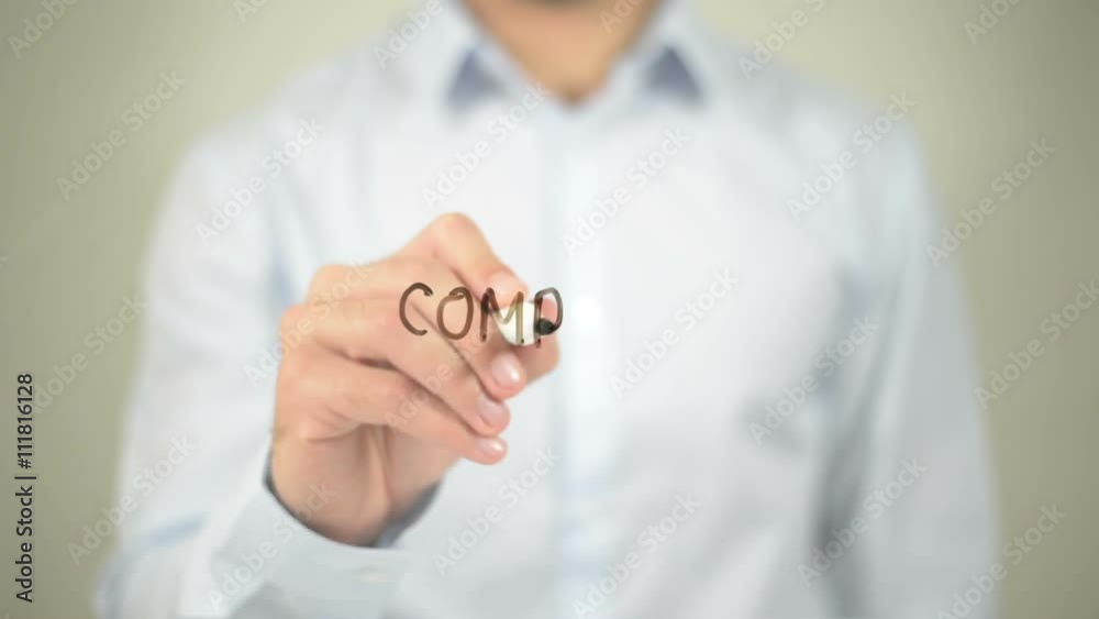 Computing, man writing on transparent screen Computing, man writing on transparent screen