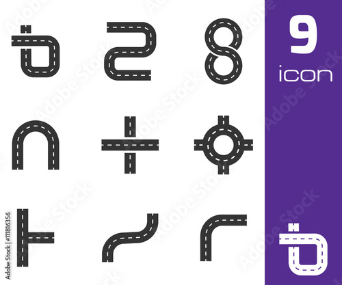 Vector black road elements icons set