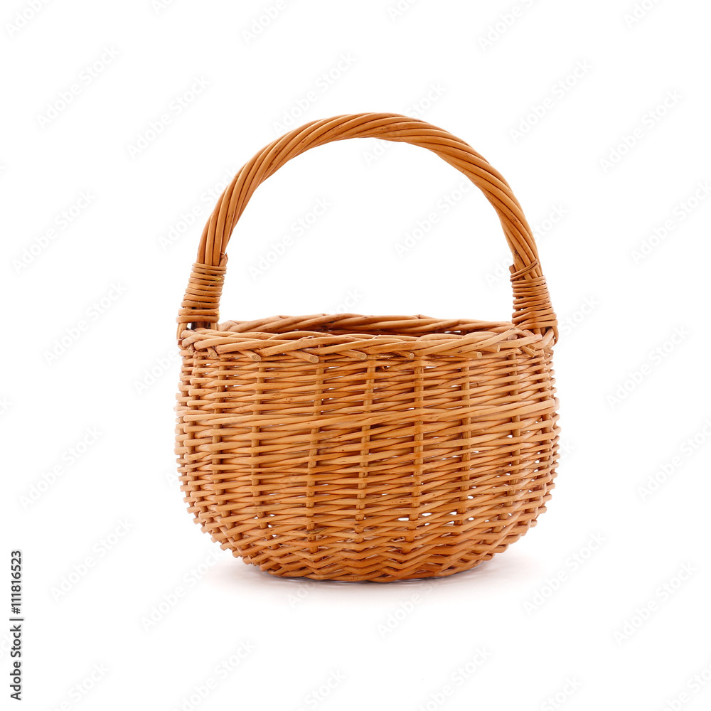 An empty wicker basket on a white background.