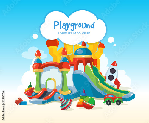 inflatable castles and childrens hills on playground