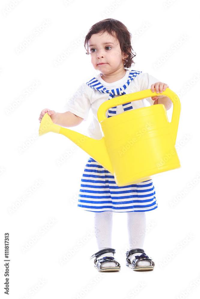 Portrait of little girl white t-shirt striped skirt isolated on white background Portrait of little girl white t-shirt striped skirt isolated on white background