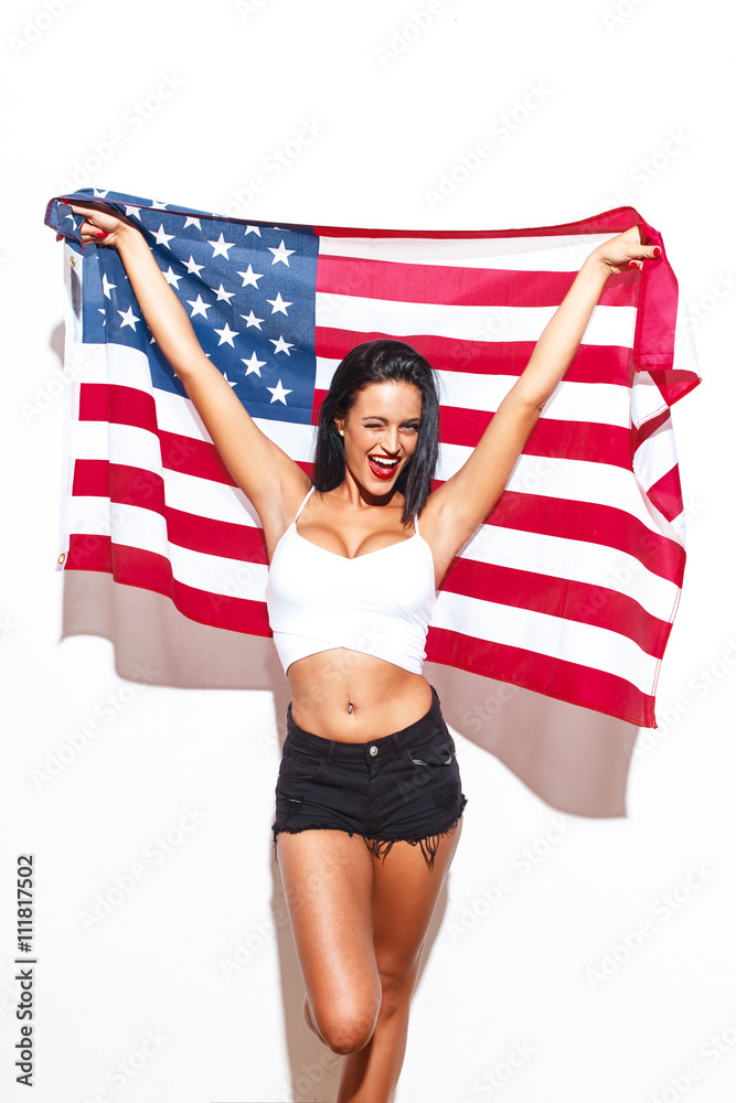 Sexy woman with big tits and USA flag foto de Stock | Adobe Stock