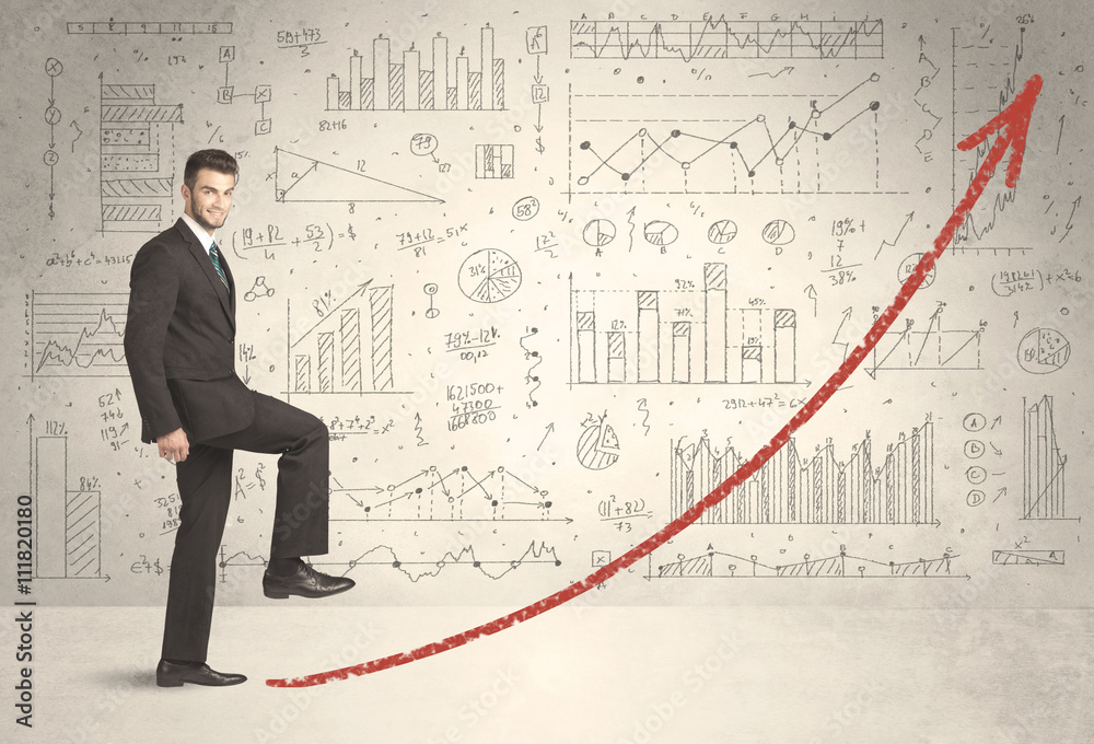 Business man climbing on red graph arrow concept Business man climbing on red graph arrow concept