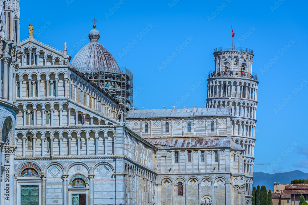 Architecture leaning tower Pisa. / Marble architecture in Pisa Italy with leaning tower in background, Europe landmark.
