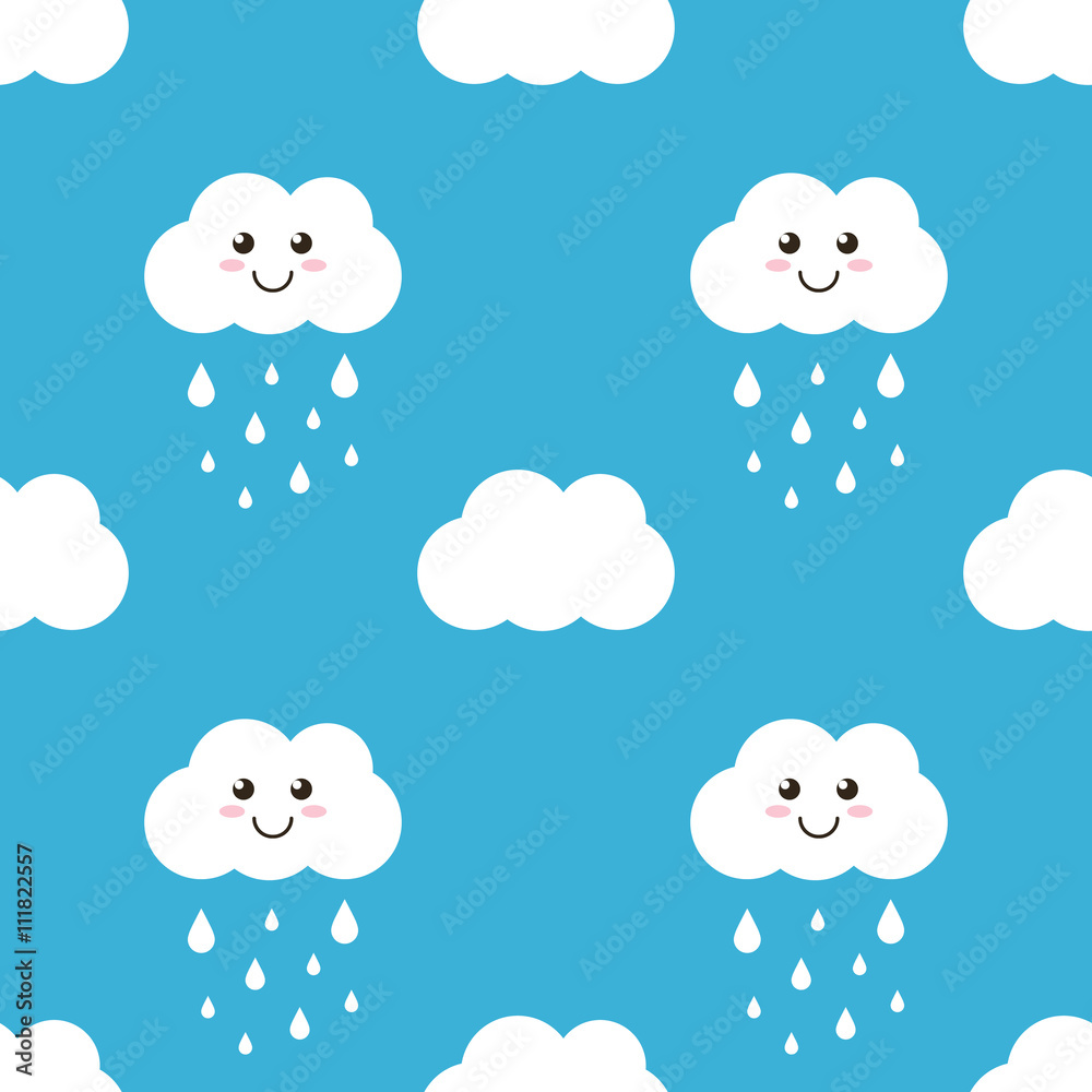 Funny cartoon cloud with water drops, rain seamless pattern background.
