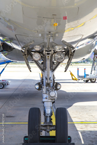 View of Airplane nose landing gear