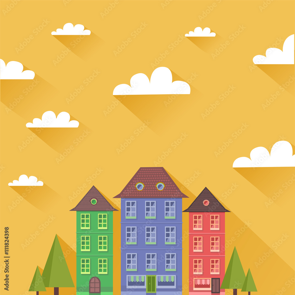 Suburban houses in neighborhood with trees and sky with long shadows. Vector colorful illustration in flat design style