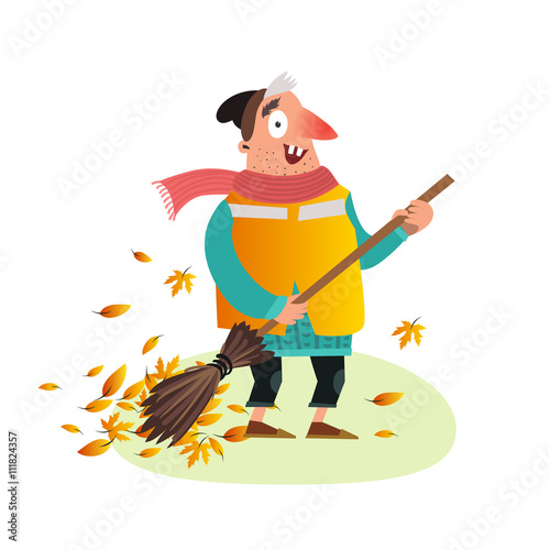 Happy Yardman sweeping autumn leaves with a broom. Funny street cleaner character. Vector illustration isolated on white.