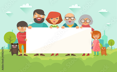 Portrait of six member happy stylish family posing together on city background and holding banner for text. Parents with kids, grandmother, grandfather, dog and cat. Vector colorful flat illustration