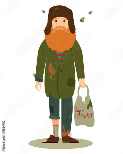 Homeless. Shaggy man in dirty rags flies and with a package in his hand. Vector illustration.