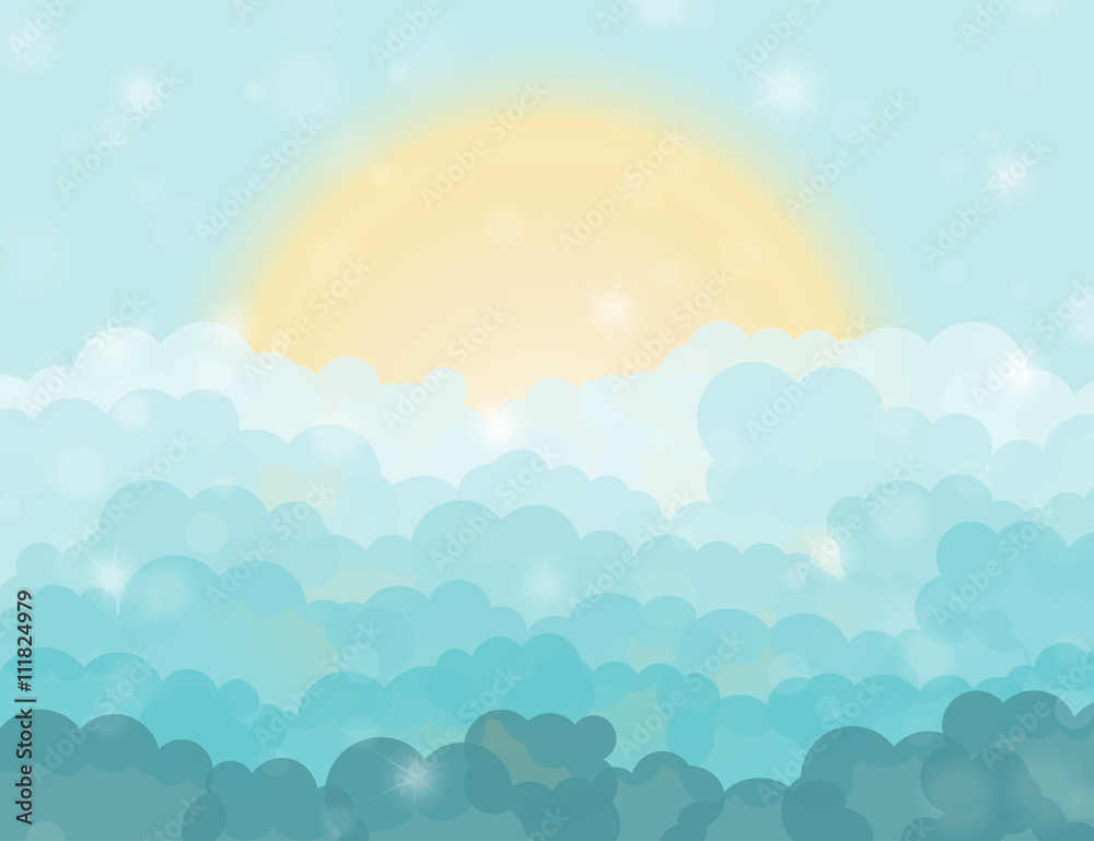 Cartoon blue shining cloudy sky with sun. Vector illustration