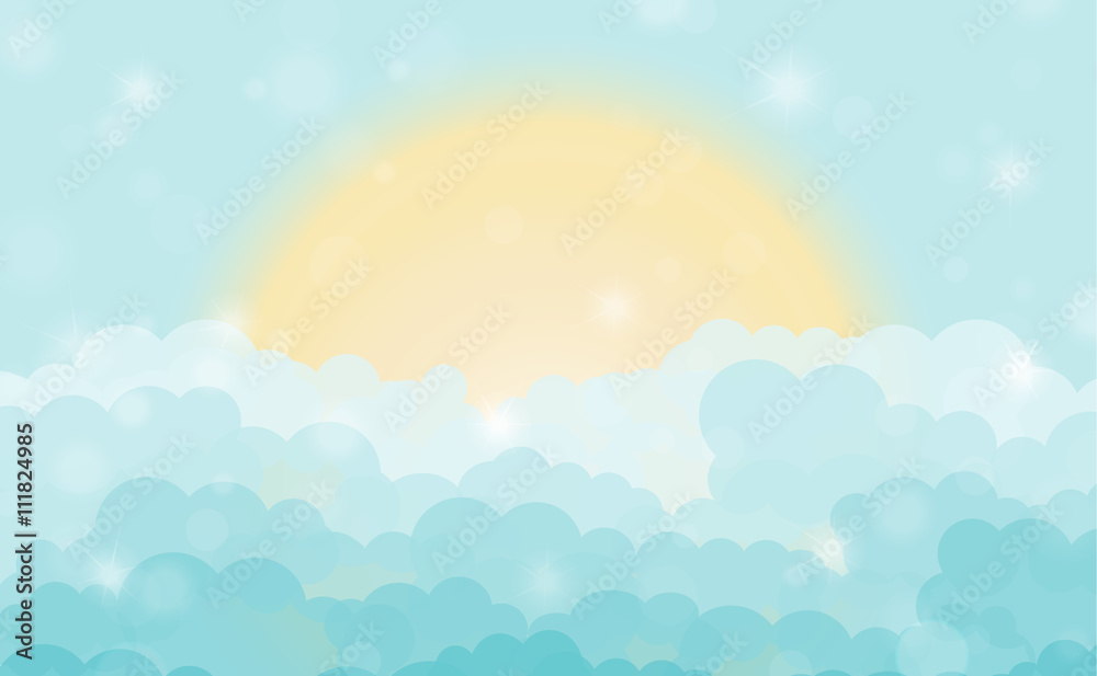 Cartoon blue shining cloudy sky with sun. Vector illustration Cartoon blue shining cloudy sky with sun. Vector illustration
