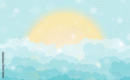 Cartoon blue shining cloudy sky with sun. Vector illustration