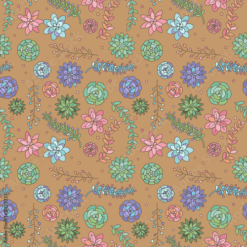 Seamless, Tileable Vector Background with Cactus and Succulents