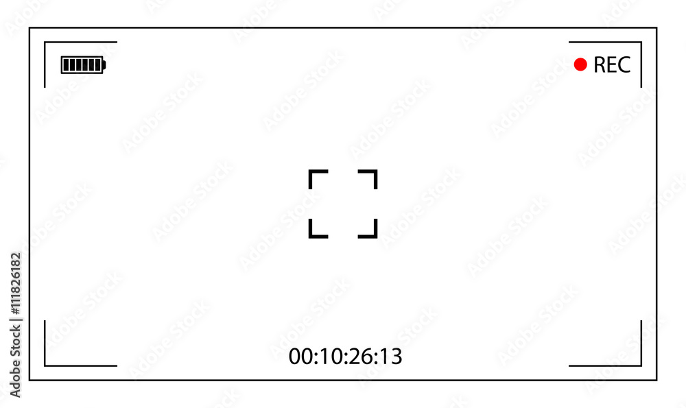 Classic digital video camera focusing screen. White wide framed viewfinder camera recording. Vector illustration