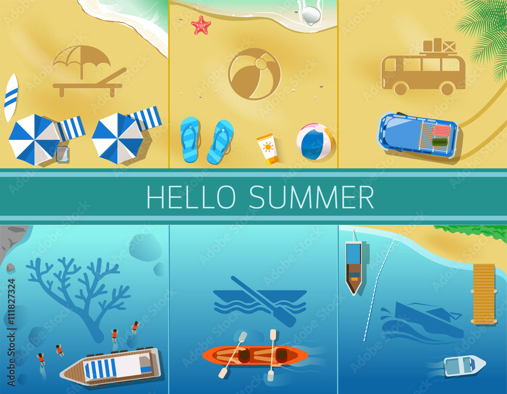 Mini Banner Background Beach Concept Design.Summer vacation flat top view concept background. Bird eye view Sea side and beach items.Illustrated description for icons.Graphic design and vector EPS 10.
