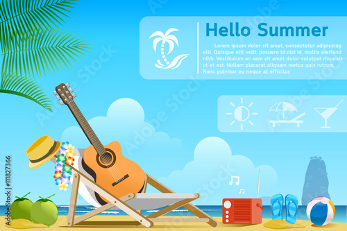 Background Beach Concept.Vacation on the beach.Travel vacationing at the beach.Acoustic music on the beach.Beach icon.Music on the beach concept for relaxation.Graphic design and vector EPS 10.