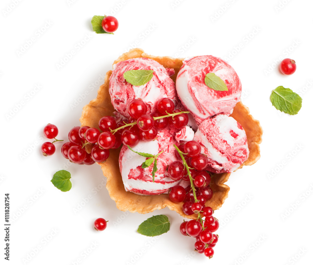 Redcurrant ice cream in a basket of wafer, above view. Redcurrant ice cream in a basket of wafer, above view.