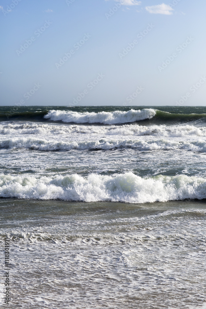 The waves of the Pacific ocean, the beach landscape. The ocean and waves during strong winds in United States, Santa Monica.