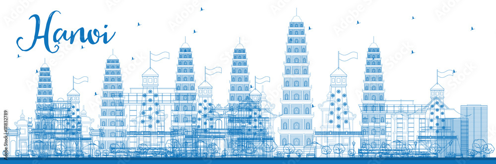 Fototapeta premium Outline Hanoi skyline with blue Landmarks.