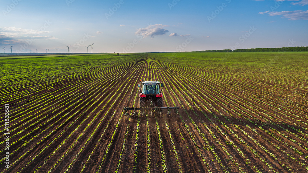 Obraz premium Tractor cultivating field at spring