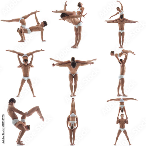 Photo collection of acrobats posing in pair