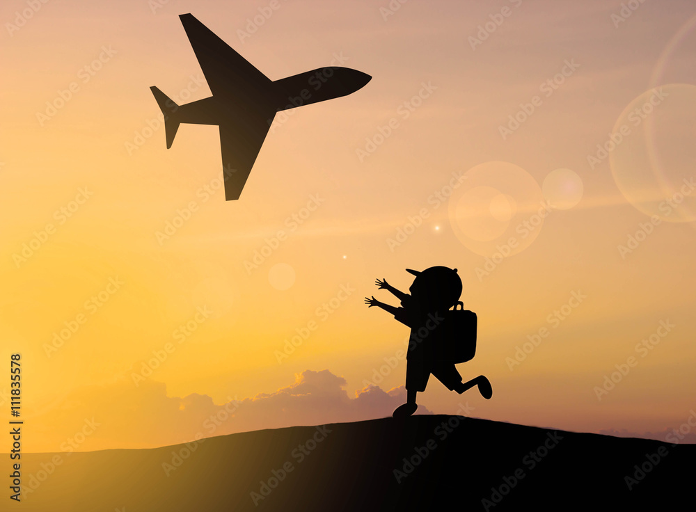 silhouette Kids and plane with sunset