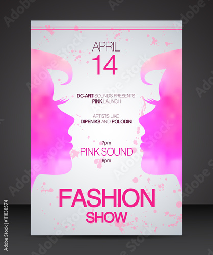 Vector stylish banner, poster and flyer for fashion show with face to face pink silhouette of beautiful women part of profile