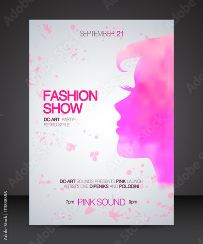 Vector stylish banner, poster and flyer for fashion show with pink silhouette of beautiful woman part of profile
