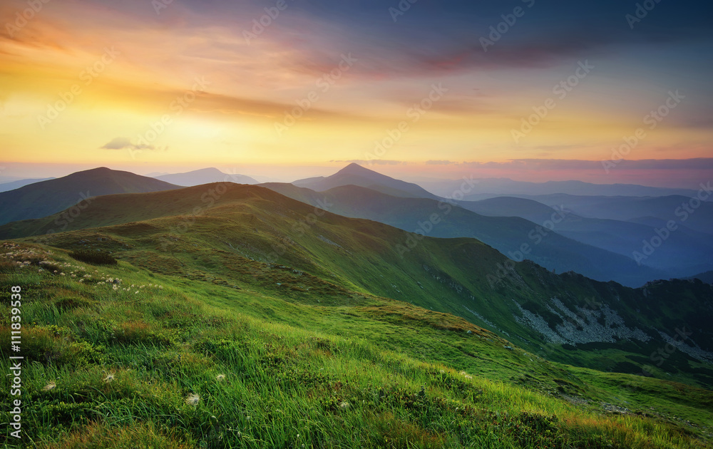 Mountain valley during sunrise. Natural summer landscape. - obrazy, fototapety, plakaty 