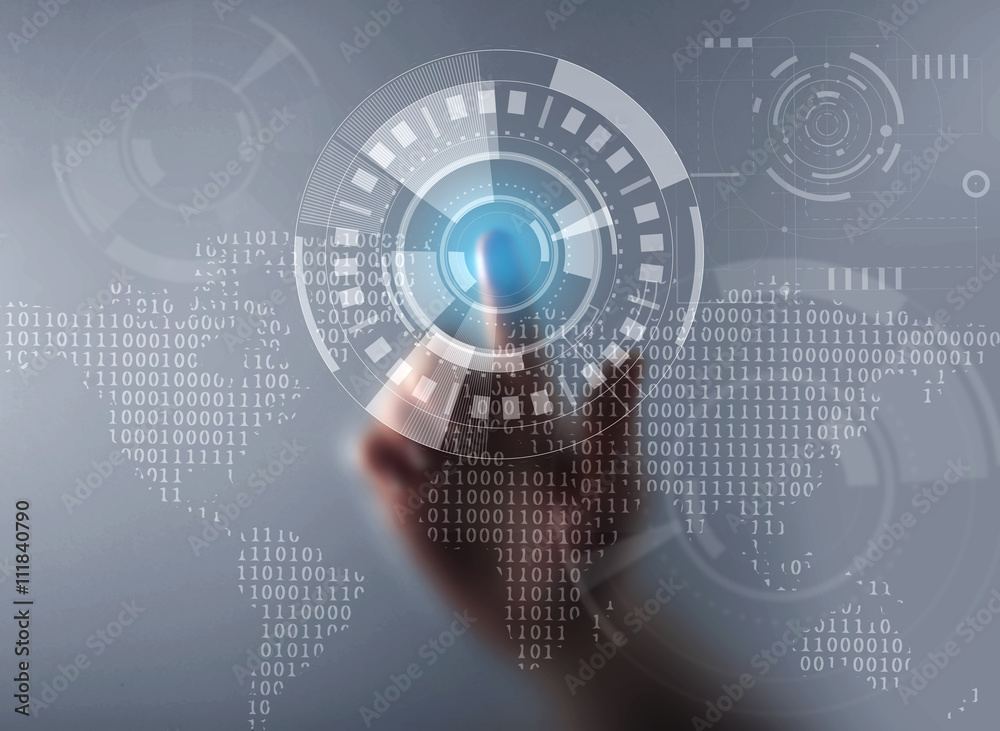 Male hand working with virtual screen. Modern technology and business strategy concept Male hand working with virtual screen. Modern technology and business strategy concept