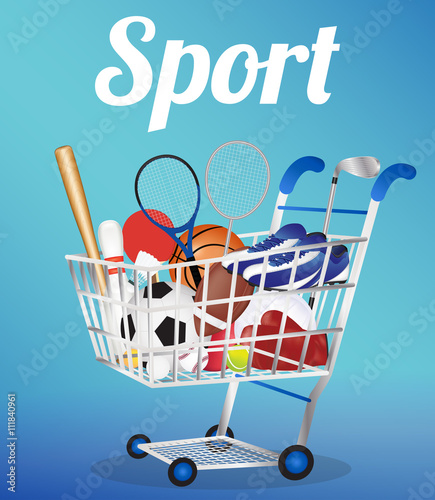 shopping cart with Soccer Ball Volleyball Basketball Baseball American Football Badminton Table Tennis Golf Boxing Glove Bowling and Running Shoes inside