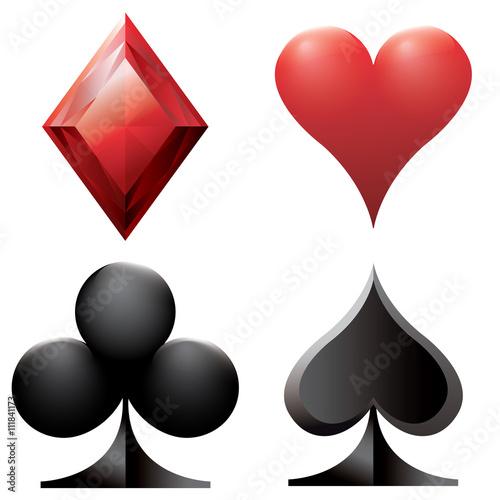 Set of Poker Casino 52 Card Game 3D Vector Symbols Red Heart, Red Diamond, Black Spades and Black Club